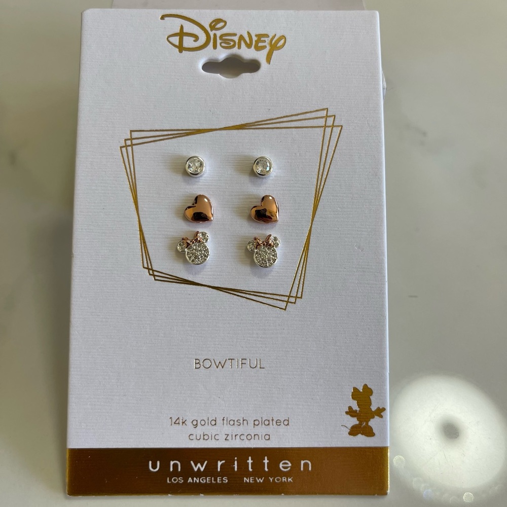 Disney Three Pair Silver Plated Two Tone Rose Gold Heart And Bezel Cubic Zirconi - Picture 7 of 7